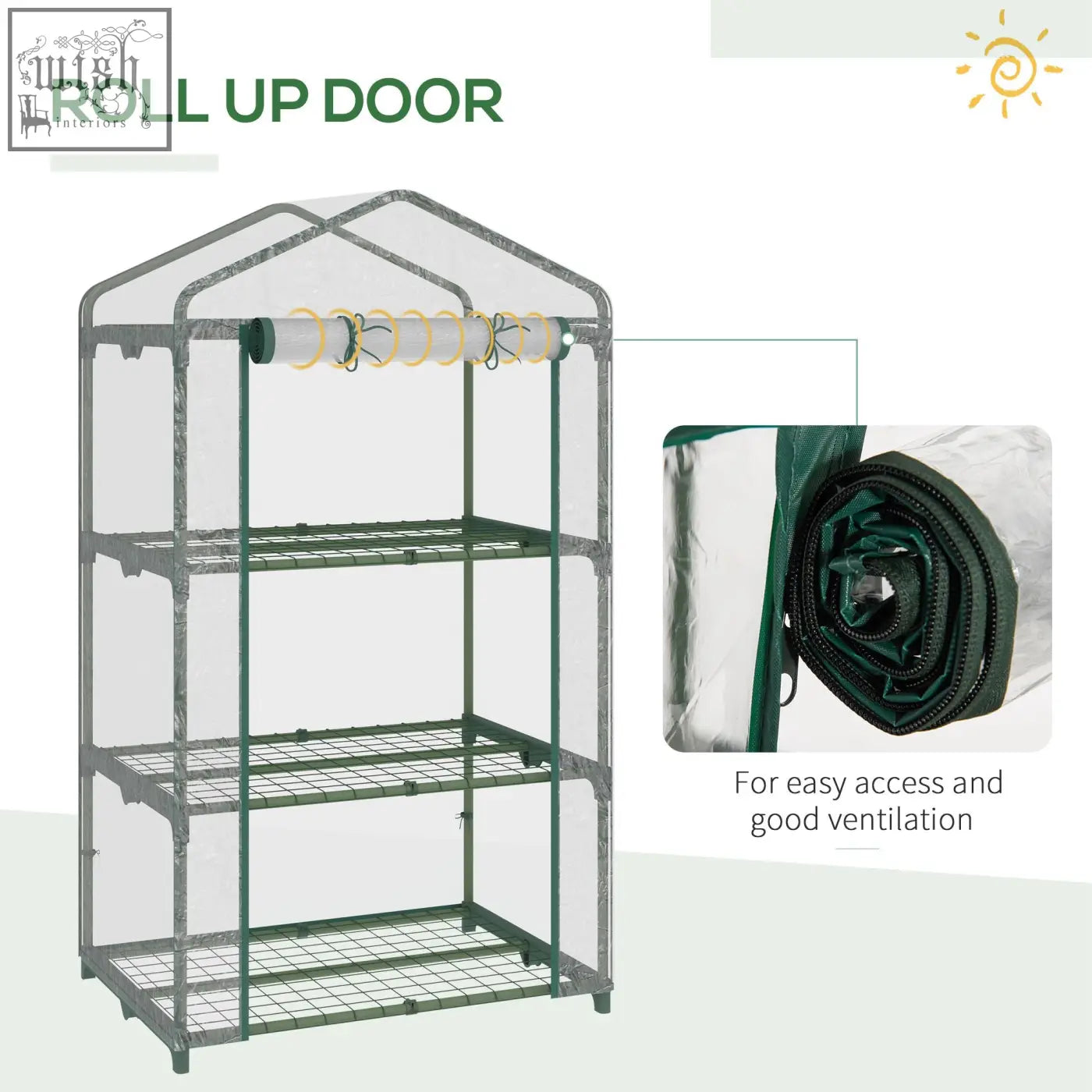 Green-framed outsunny 3 tier mini greenhouse with clear plastic cover, roll-up door, and metal wire shelves 69l x 49w