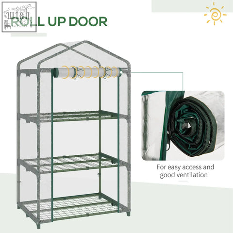 Green-framed outsunny 3 tier mini greenhouse with clear plastic cover, roll-up door, and metal wire shelves 69l x 49w