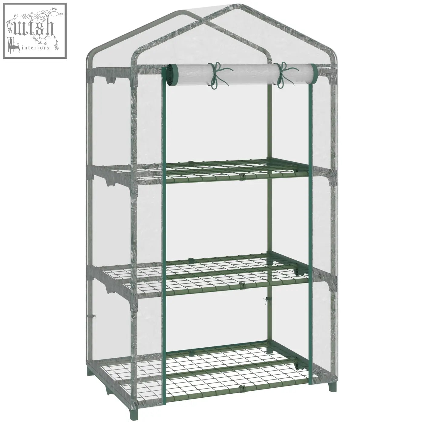 Outsunny green metal framed greenhouse with plastic cover roll up door and wire shelves 69l x 49w x 125h cm