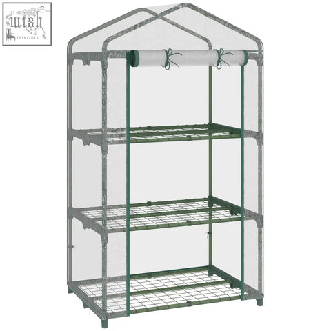 Outsunny green metal framed greenhouse with plastic cover roll up door and wire shelves 69l x 49w x 125h cm