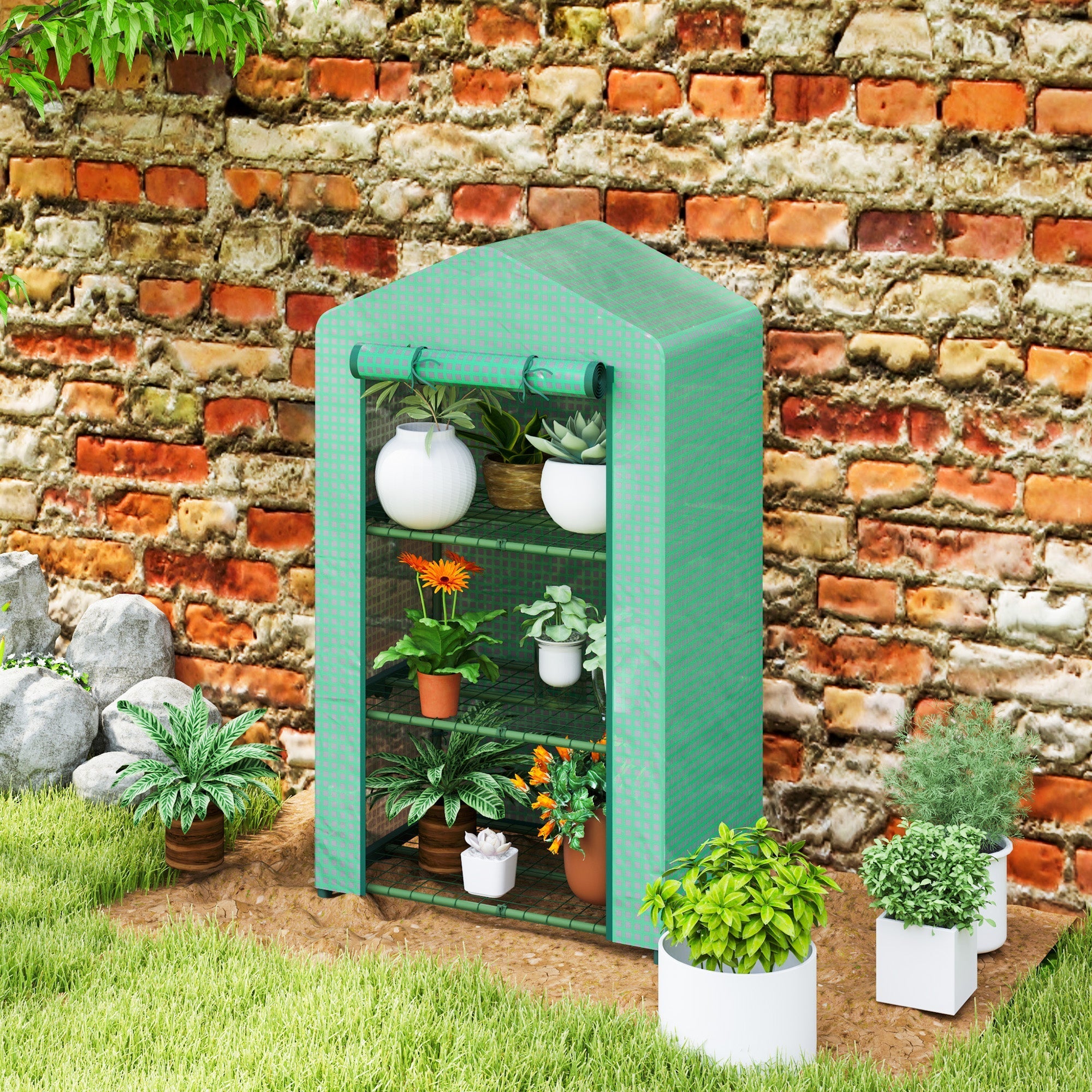 Outsunny 3 tier mini greenhouse with green plastic cover, roll-up door, and wire shelves for potted plants