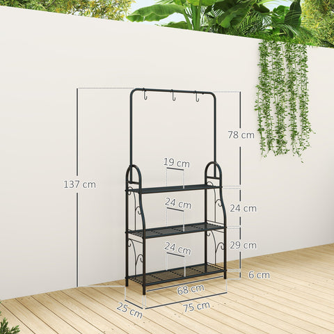 Black wrought iron 3 tier plant stand with decorative scrollwork 68l x 24w perfect as flower stand indoors or outdoors