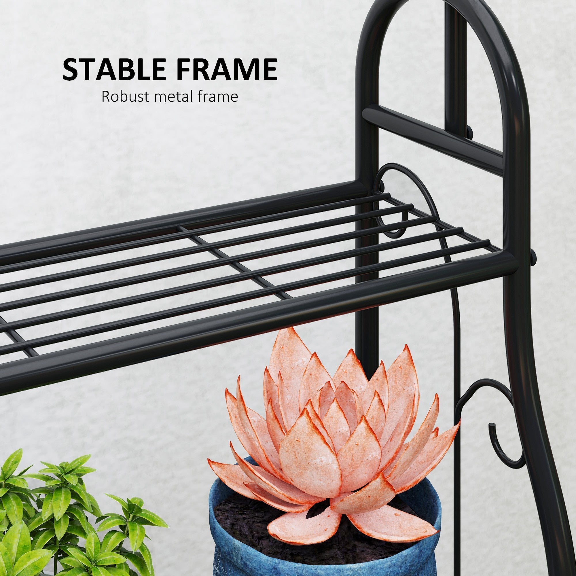 Outsunny black metal plant stand 68l x 24w with curved accents and two tiers for indoor outdoor flower stand