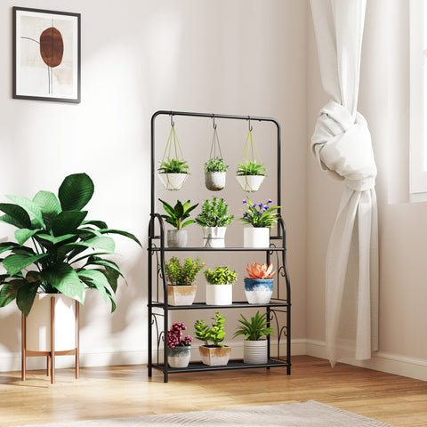 Outsunny 3 tier black metal plant stand with hanging hooks and shelves holding ceramic and terracotta pots 68l x 24w flower stand