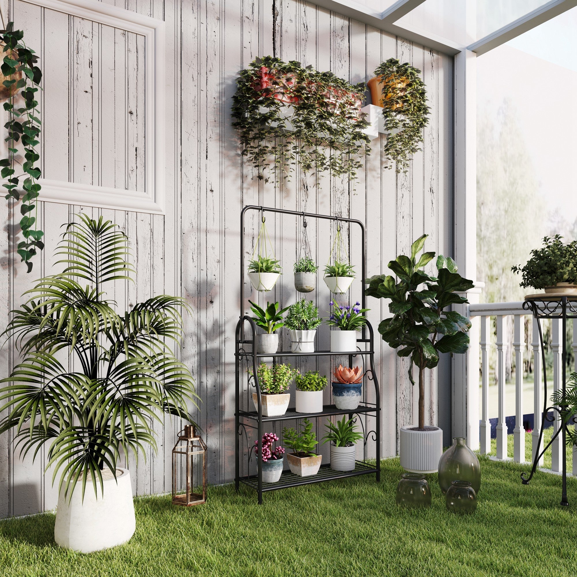 Black wrought iron 68l x 24w outdoorsy Outsunny 3 tier plant stand with hooks and shelves holding potted plants
