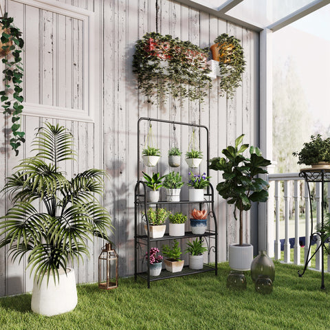 Black wrought iron 68l x 24w outdoorsy Outsunny 3 tier plant stand with hooks and shelves holding potted plants