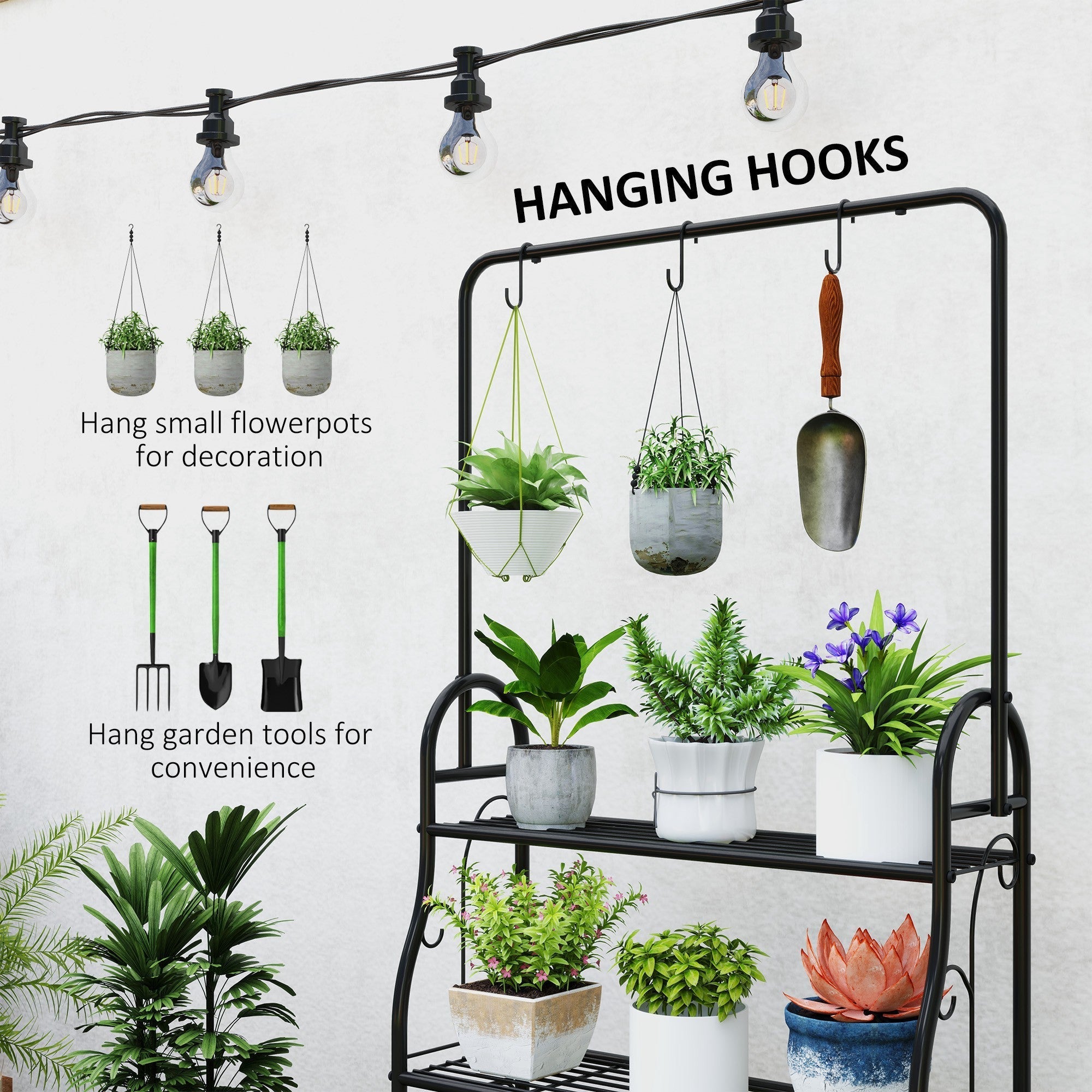 Black metal plant stand 68l x 24w with hanging hooks and shelves holding potted plants for indoor outdoor use