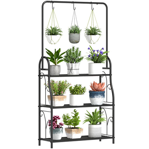 Black wrought iron plant stand 68l x 24w with three shelves hooks ideal flower stand for indoor outdoor use