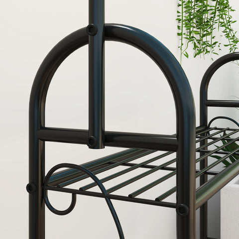 Black metal plant stand with curved arches wire mesh shelves 68l x 24w flower stand for indoor outdoor use