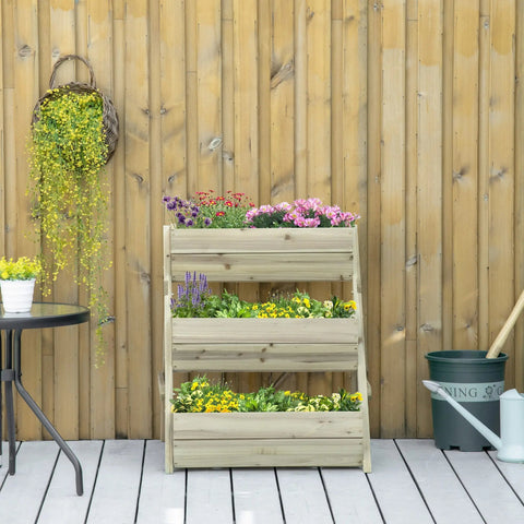 Outsunny 3 tier raised garden bed wooden elevated planter box kit with paint coating and drainage holes filled with flowers