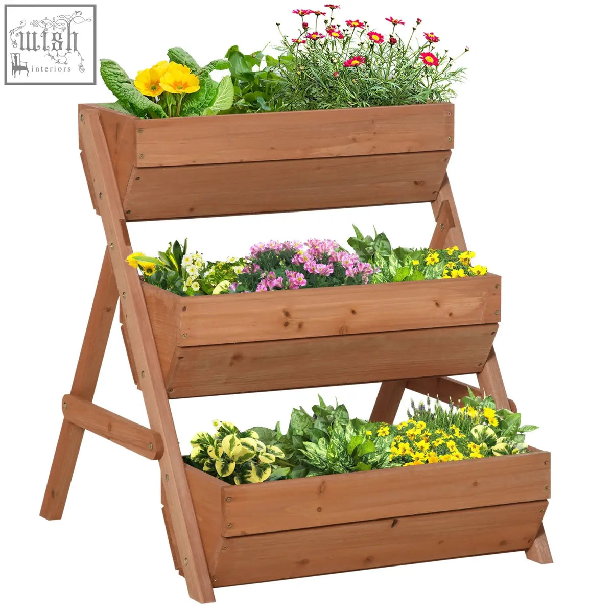 Outsunny three tier raised garden bed wooden planter box with drainage holes filled with flowers and greenery brown
