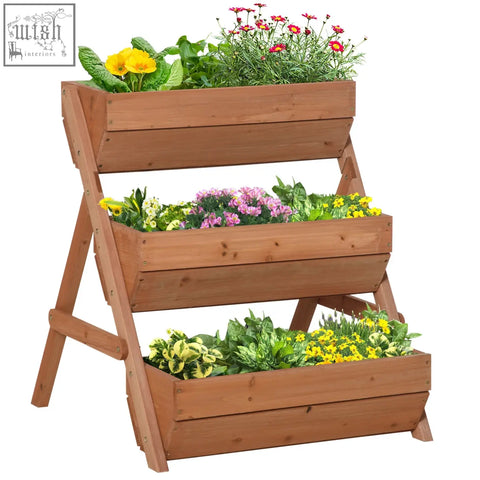 Outsunny three tier raised garden bed wooden planter box with drainage holes filled with flowers and greenery brown