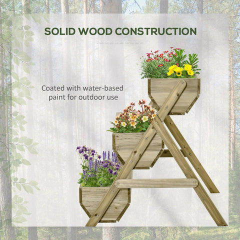 Outsunny 3 tier raised garden bed wooden structure with paint coating and drainage holes in natural wood finish for outdoor use