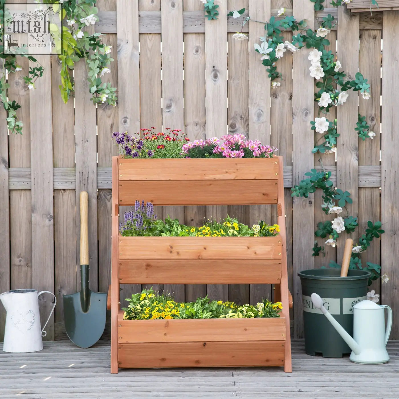 Outsunny 3 tier raised garden bed wooden planter box in brown with drainage holes filled with colorful flowers and greenery
