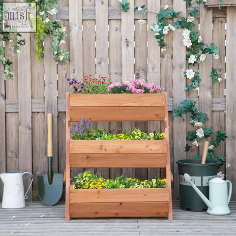 Outsunny 3 tier raised garden bed wooden planter box in brown with drainage holes filled with colorful flowers and greenery