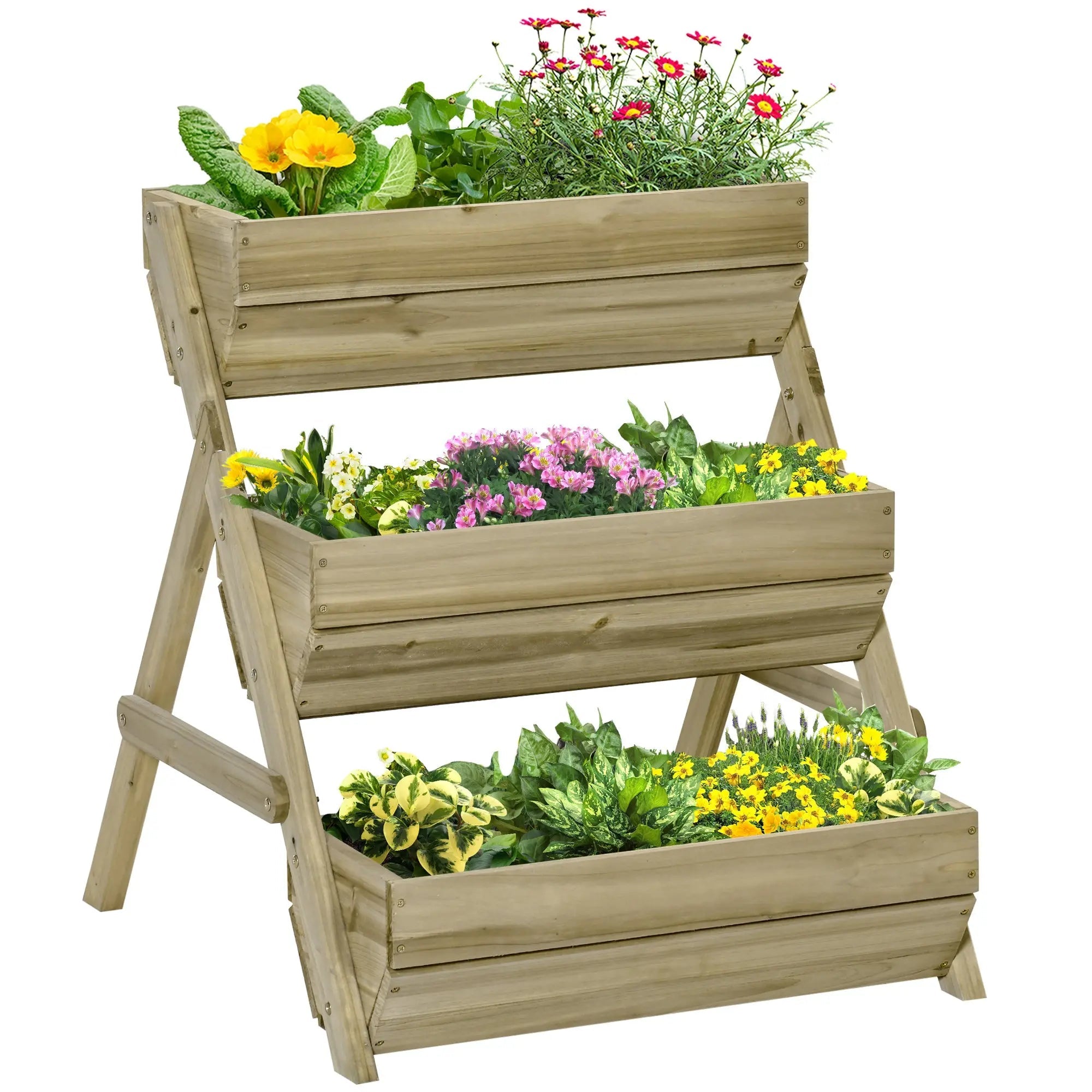 Outsunny 3 tier wooden planter box with natural finish wooden structure and drainage holes for flowers and veggies