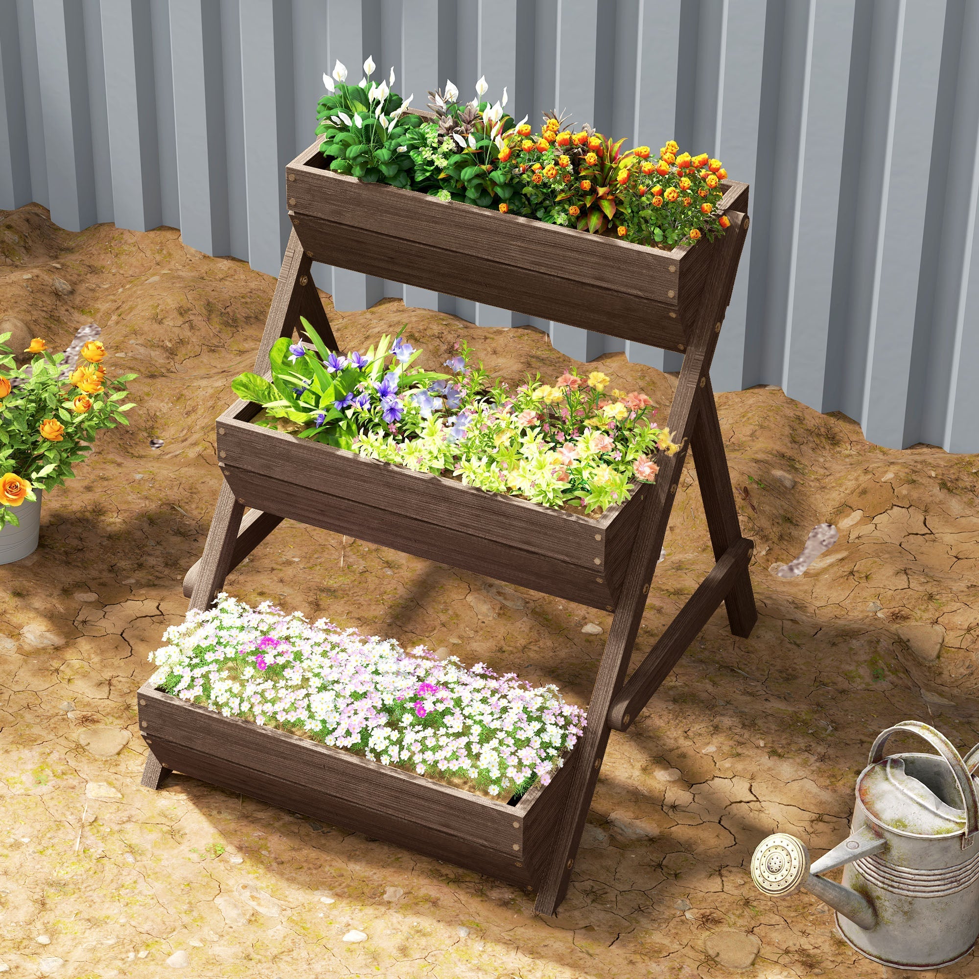 Outsunny 3 Tier Raised Garden Bed Wooden Elevated Planter Box Kit, 66L for Flower, Vegetable, Herb, 65x75x78cm, Tan