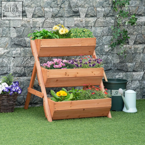 Outsunny 3 tier raised garden bed wooden planter box with drainage holes in brown filled with colorful flowers and greenery