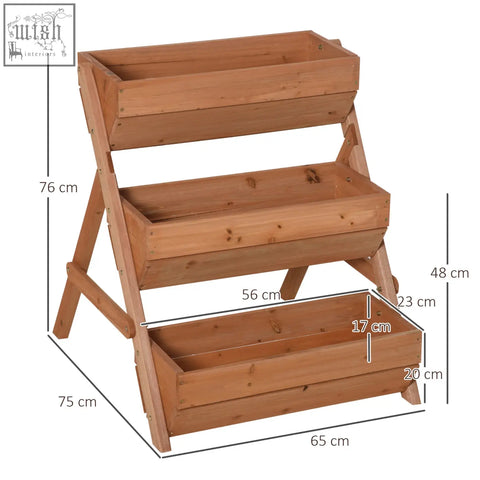 Outsunny 3 tier raised garden bed wooden planter box with natural finish, angled sides, and drainage holes for flowers and veggies