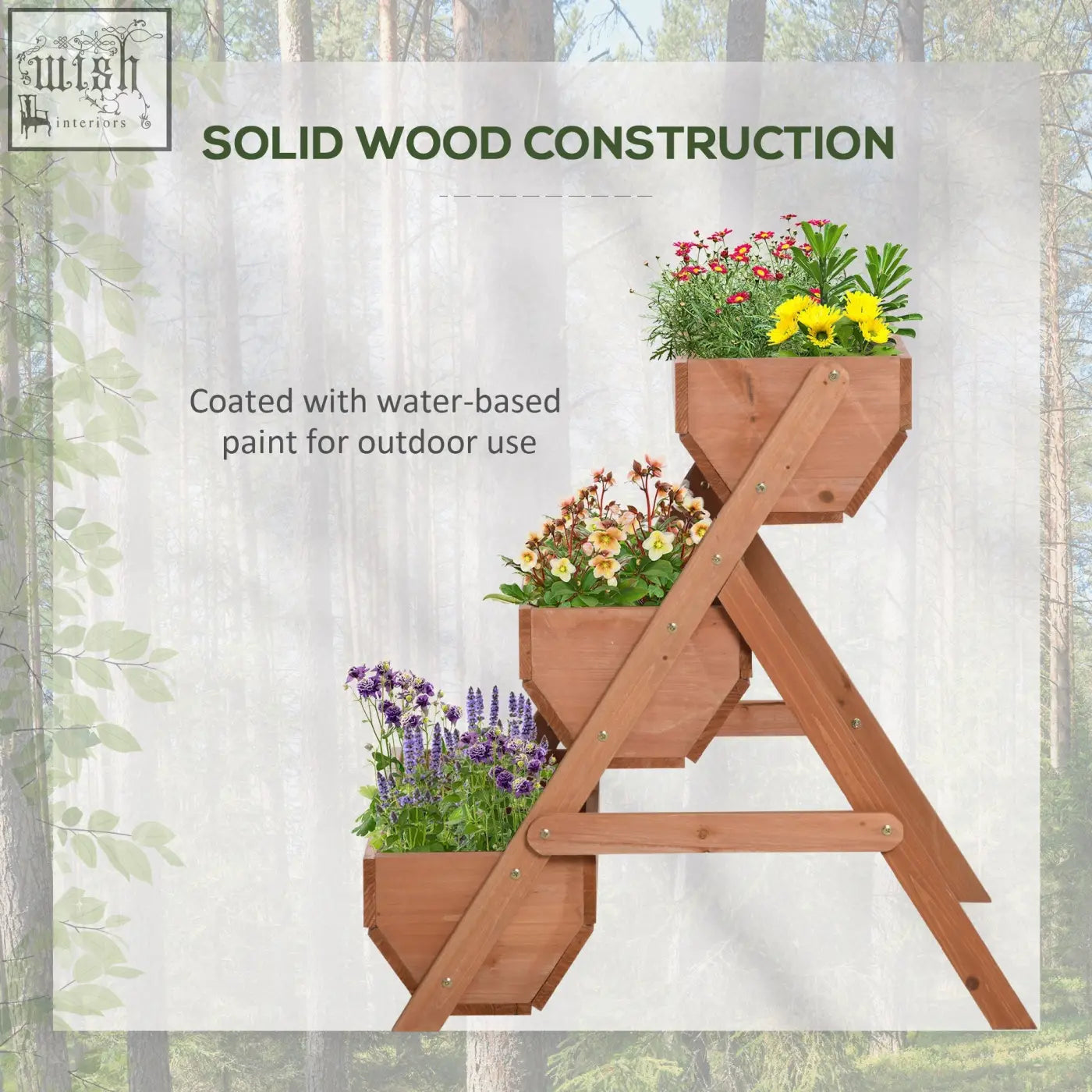 Outsunny 3 tier raised garden bed wooden planter with drainage holes and hexagonal pots filled with colorful flowers