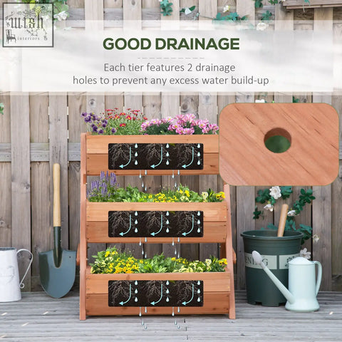 Outsunny 3 tier raised garden bed wooden planter with natural finish and drainage holes for flowers and veggies