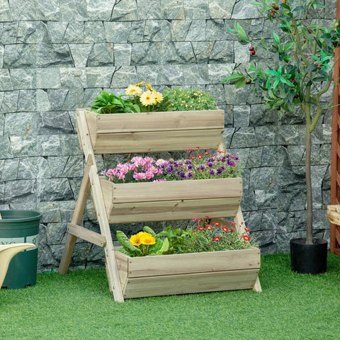 Outsunny wooden structure three tier raised garden bed with paint coating and drainage holes filled with flowers