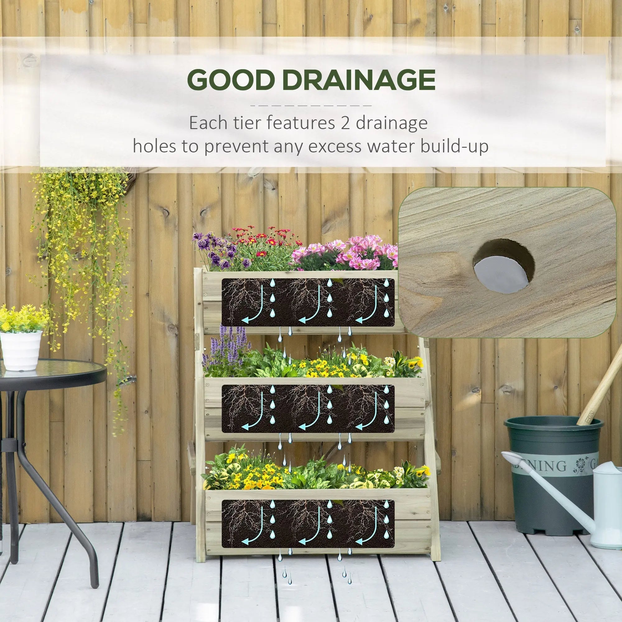 Outsunny 3 tier raised garden bed wooden structure with paint coating and drainage holes filled with colorful flowers