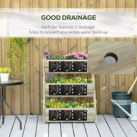 Outsunny 3 tier raised garden bed wooden structure with paint coating and drainage holes filled with colorful flowers