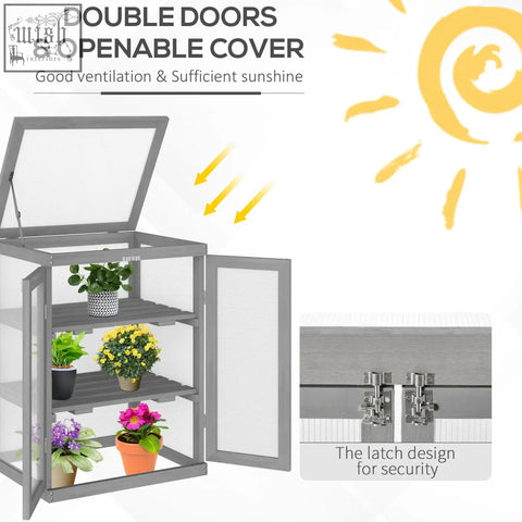 Gray metal greenhouse with dark grey polycarbonate panels and three shelves holding potted plants for garden use