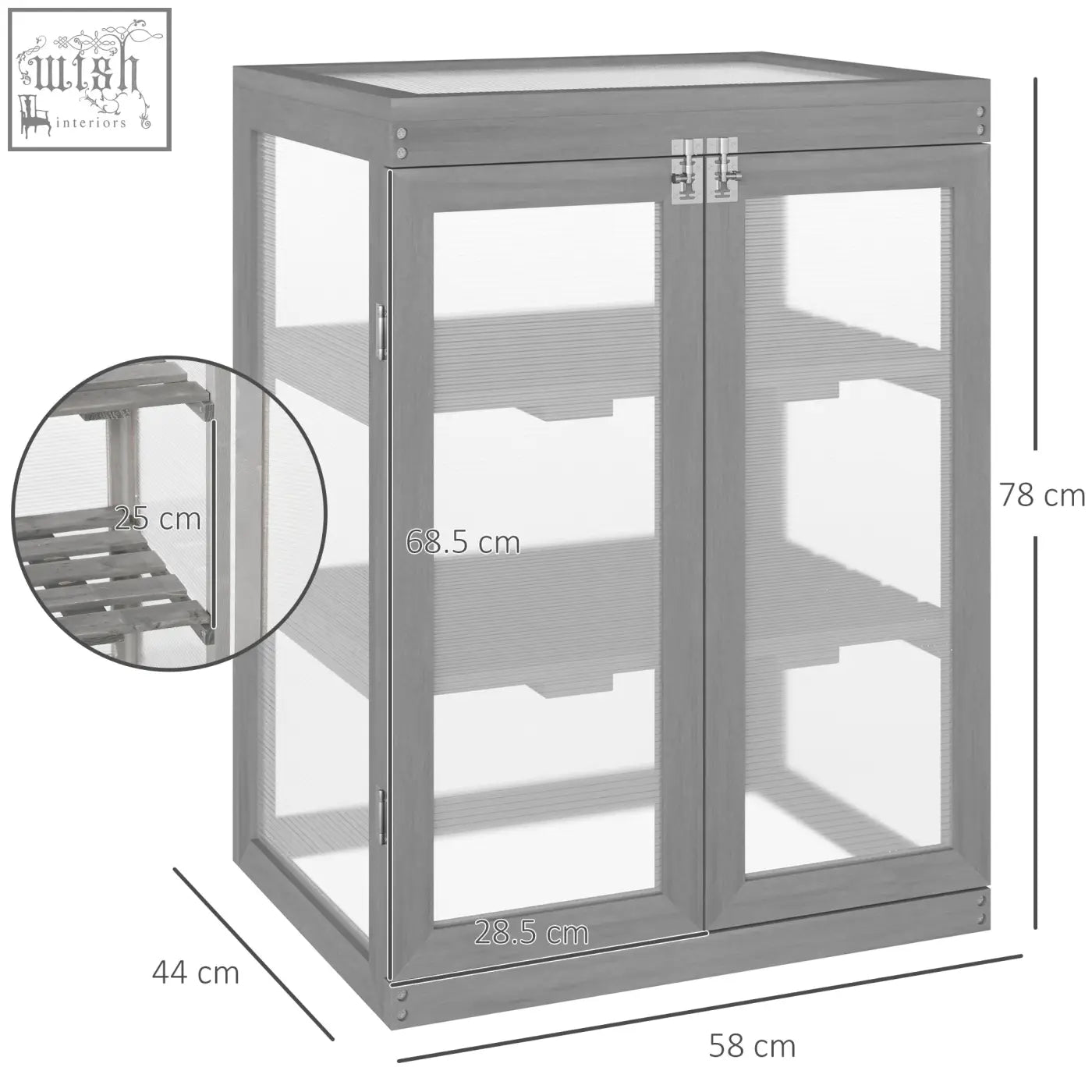 Dark grey fir wood cabinet with glass doors and three adjustable shelves for plants with polycarbonate panels