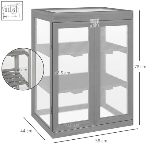 Dark grey fir wood cabinet with glass doors and three adjustable shelves for plants with polycarbonate panels