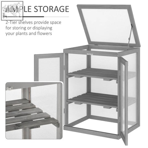 Dark grey outsunny 3-tier wood greenhouse with fir wood shelves and polycarbonate panels for plant storage