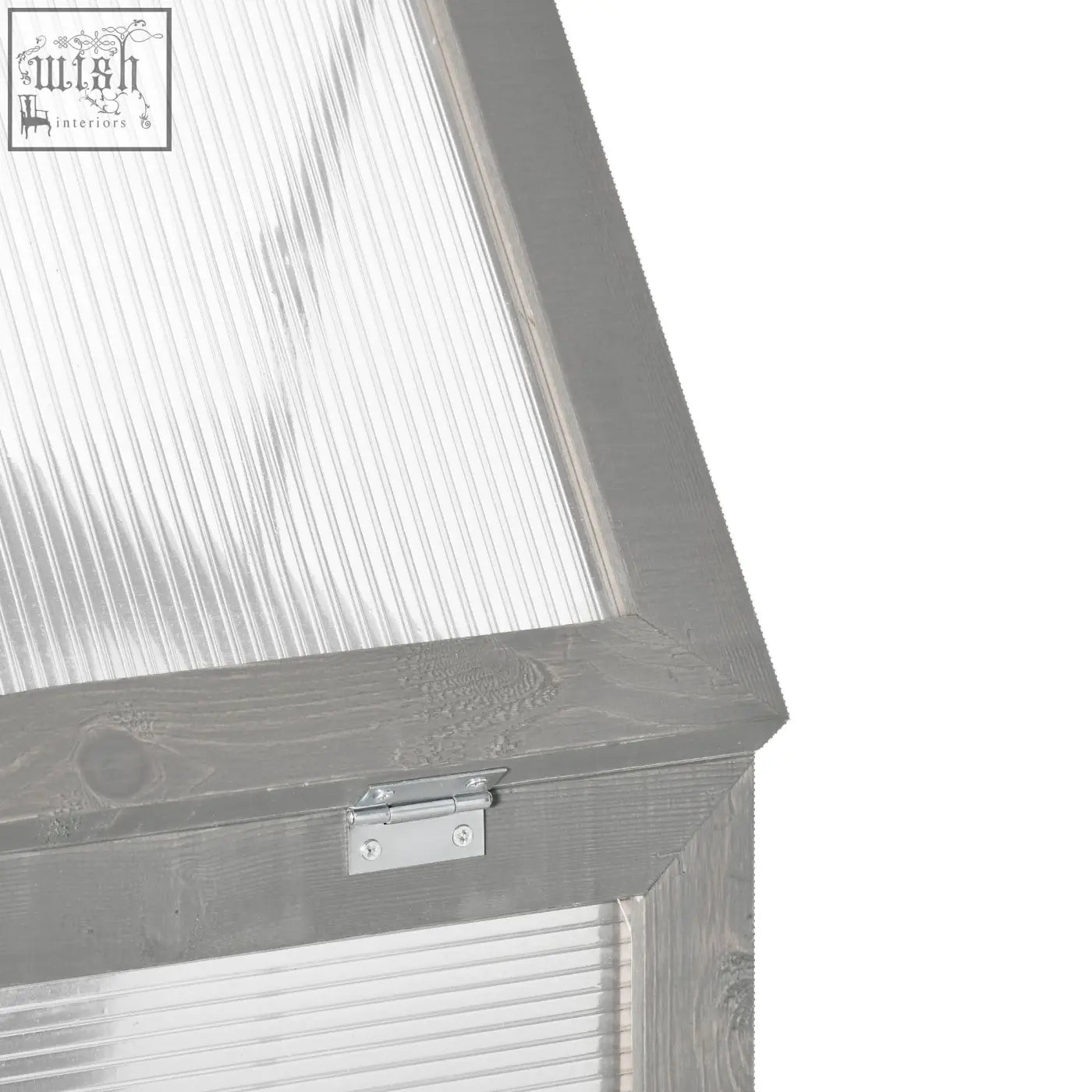 Gray wooden-framed greenhouse with dark grey fir wood, polycarbonate panels, and a silver metal hinge for plants