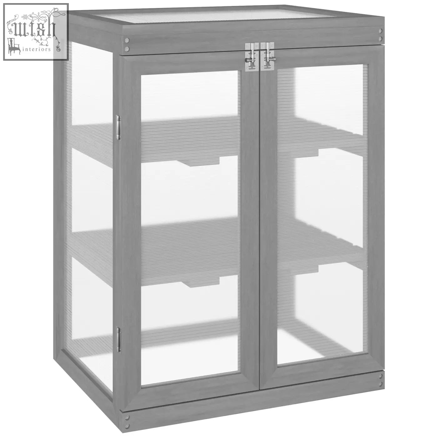Dark grey fir wood cabinet with polycarbonate panels and clear glass doors for greenhouse plant storage