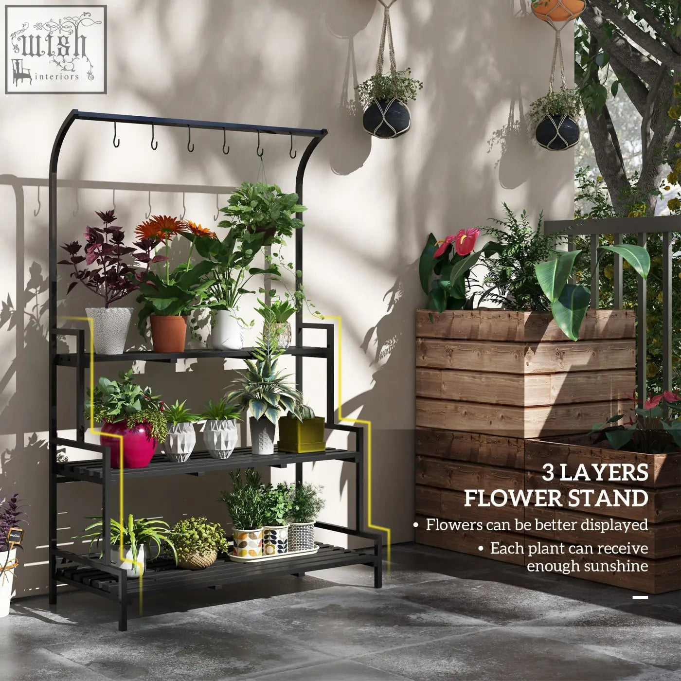 Black metal three-layer plant stand with steel frame and hooks for hanging plants, perfect for indoor outdoor use