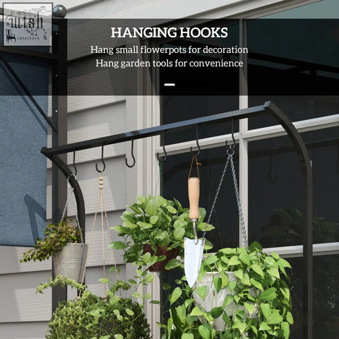 Black metal hanging hooks with curved arms on outsunny steel frame tiered plant rack for indoor outdoor use