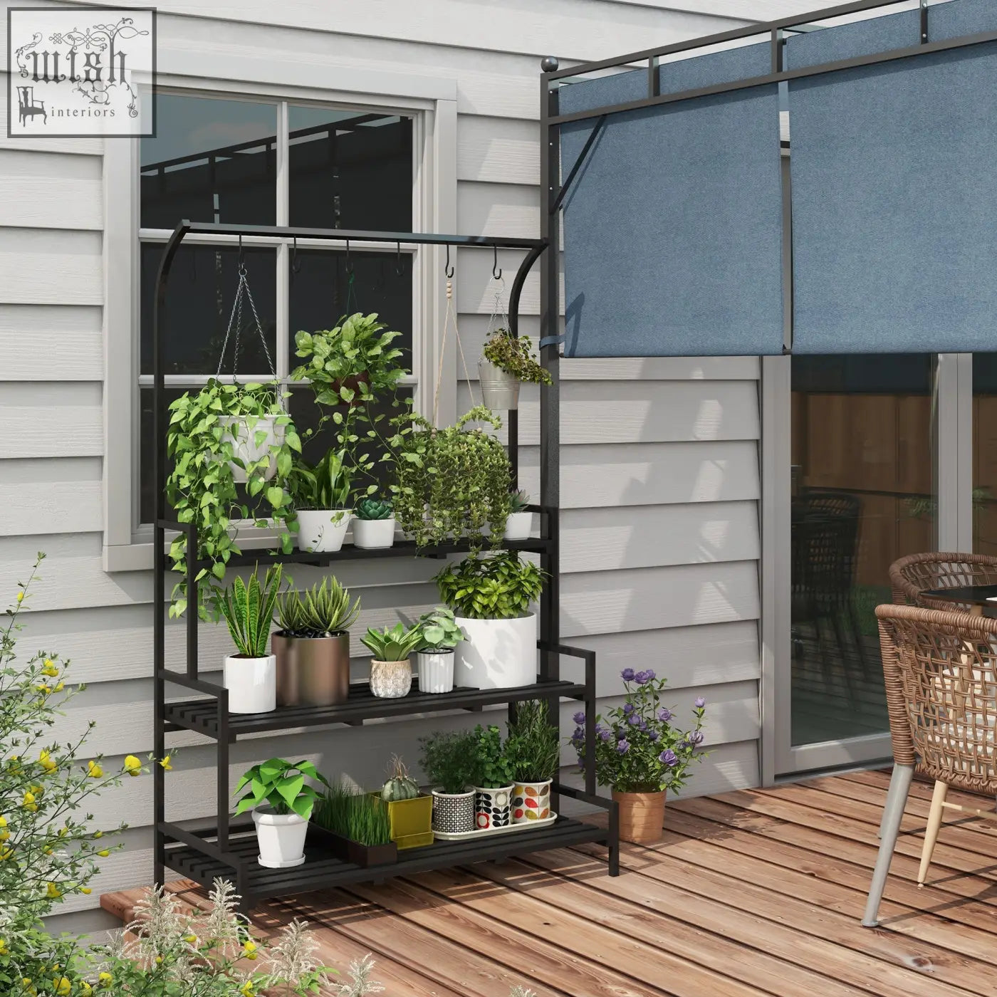 Outsunny 3 tiered plant rack with black steel frame holding various potted plants for indoor outdoor use