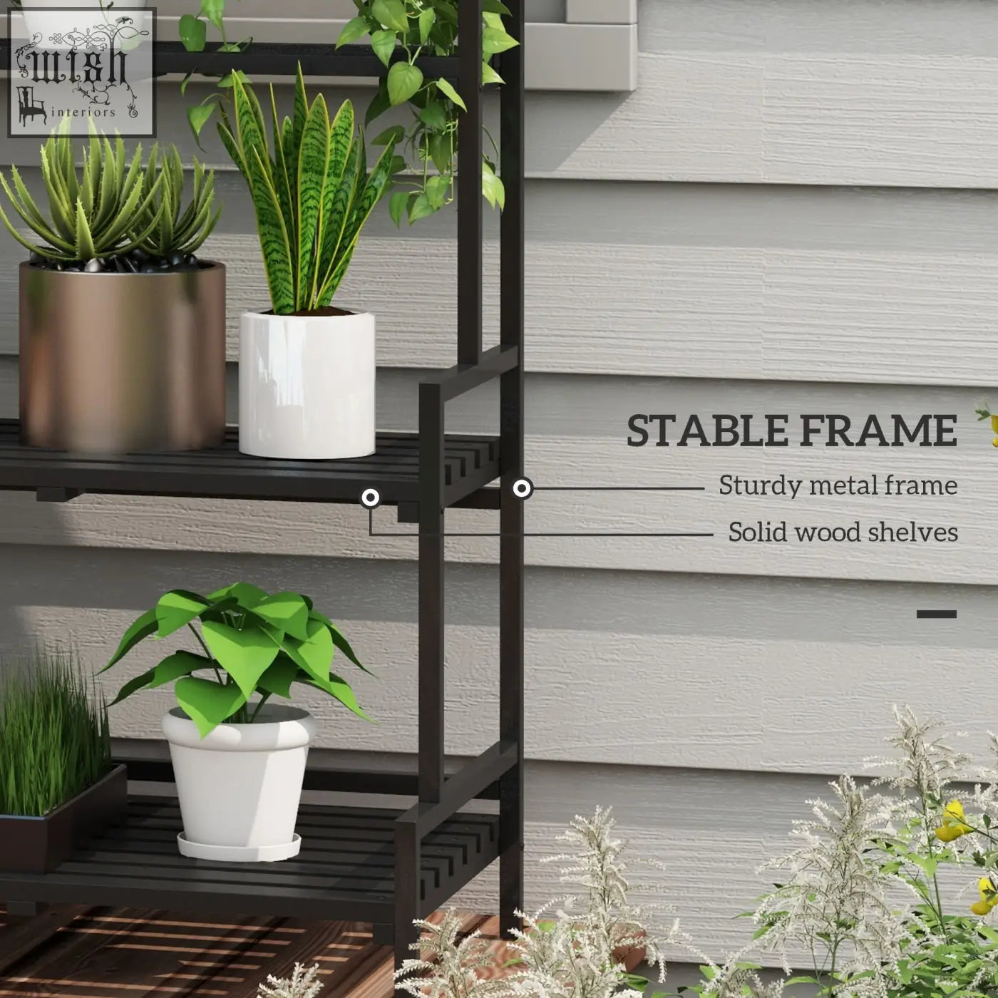 Outsunny black steel frame tiered plant rack with three solid wood shelves and hanging hooks for indoor outdoor use