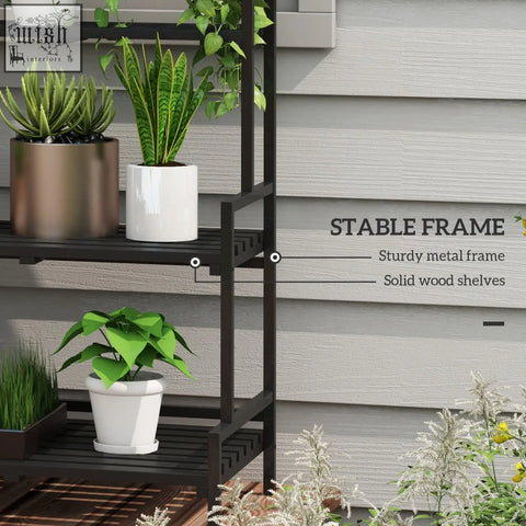 Outsunny black steel frame tiered plant rack with three solid wood shelves and hanging hooks for indoor outdoor use
