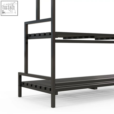 Outsunny black steel frame tiered plant rack with slatted shelves and hanging hooks for indoor outdoor use