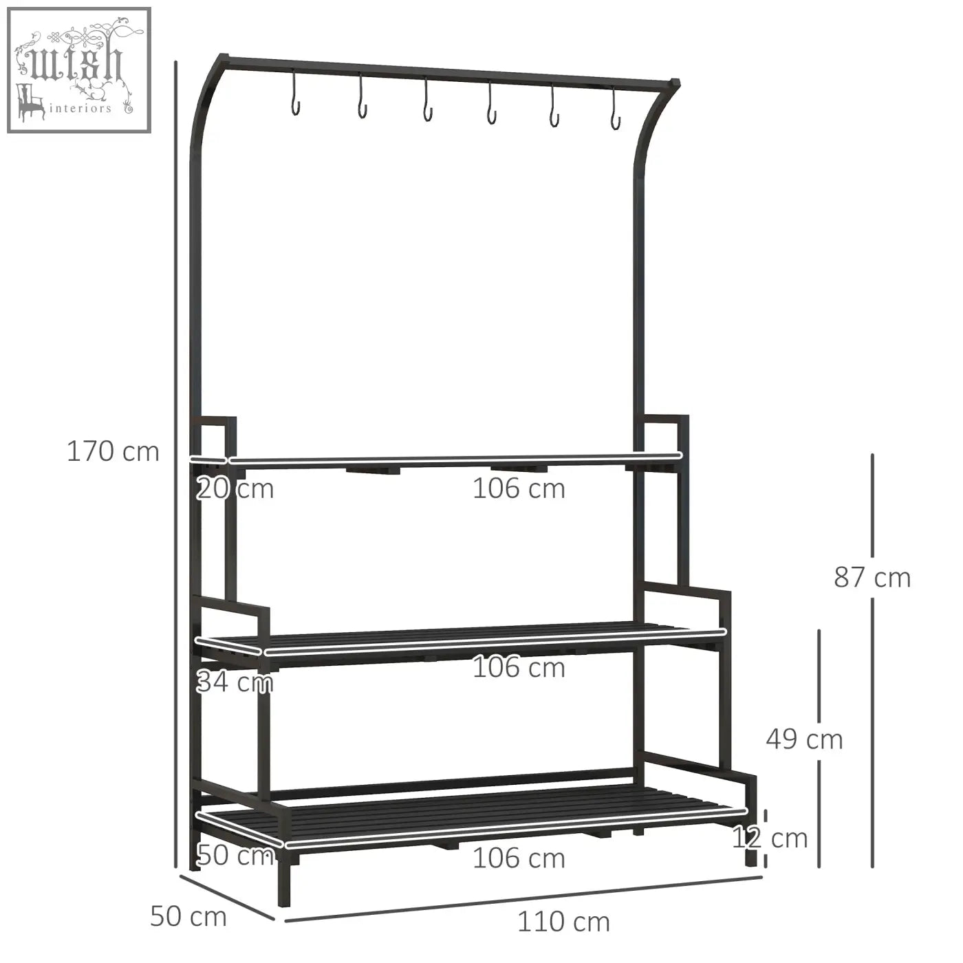 Black metal plant stand with steel frame three shelves tiered plant rack and hanging hooks for indoor outdoor use