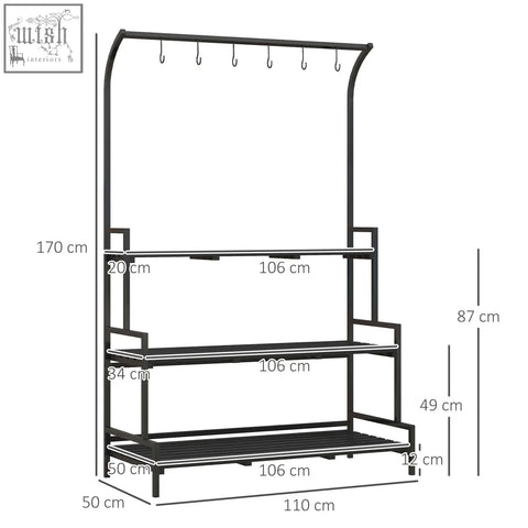 Black metal plant stand with steel frame three shelves tiered plant rack and hanging hooks for indoor outdoor use