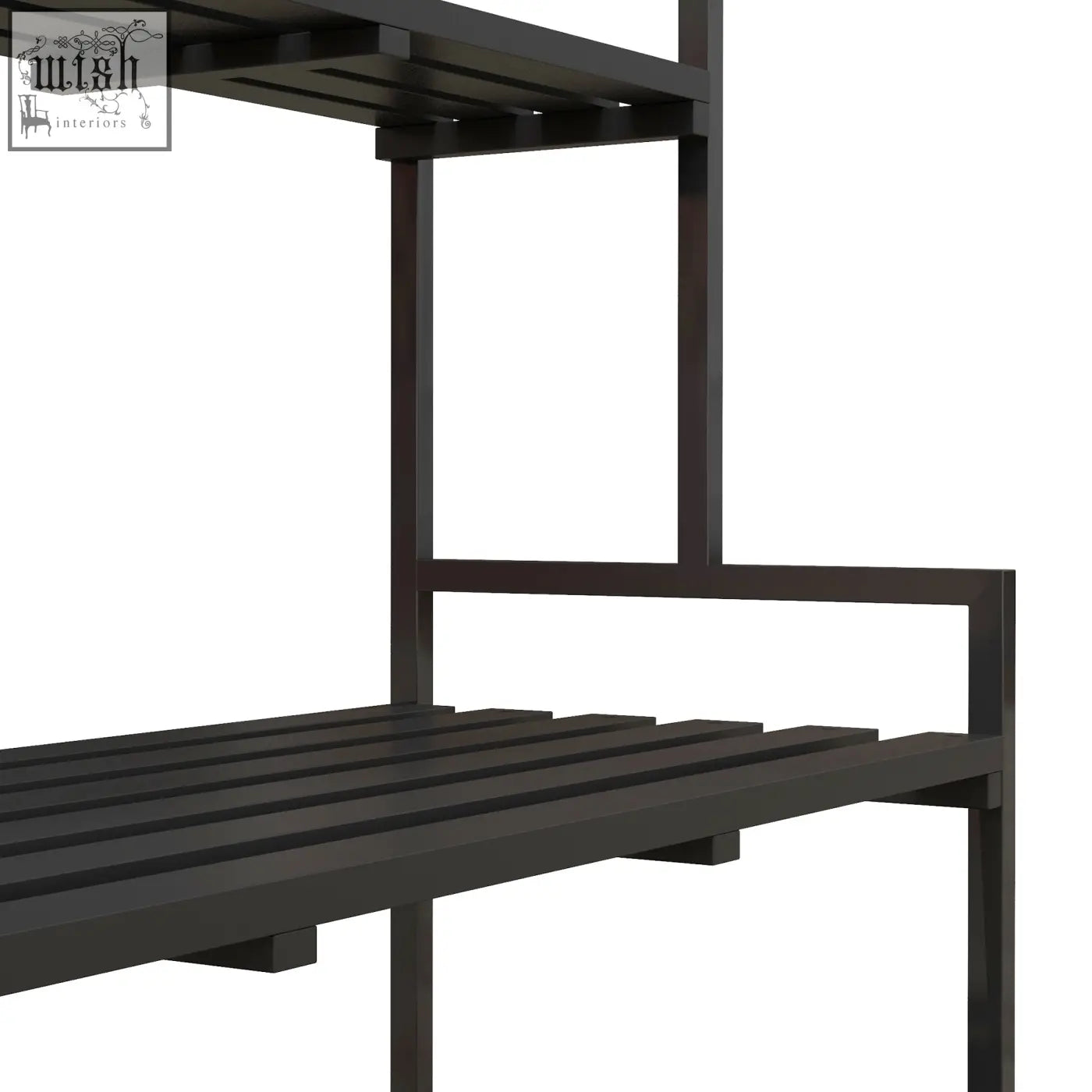 Black steel frame tiered plant rack with horizontal slats and hooks perfect as a modern plant stand for indoor outdoor use