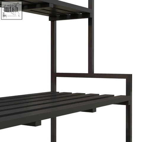 Black steel frame tiered plant rack with horizontal slats and hooks perfect as a modern plant stand for indoor outdoor use