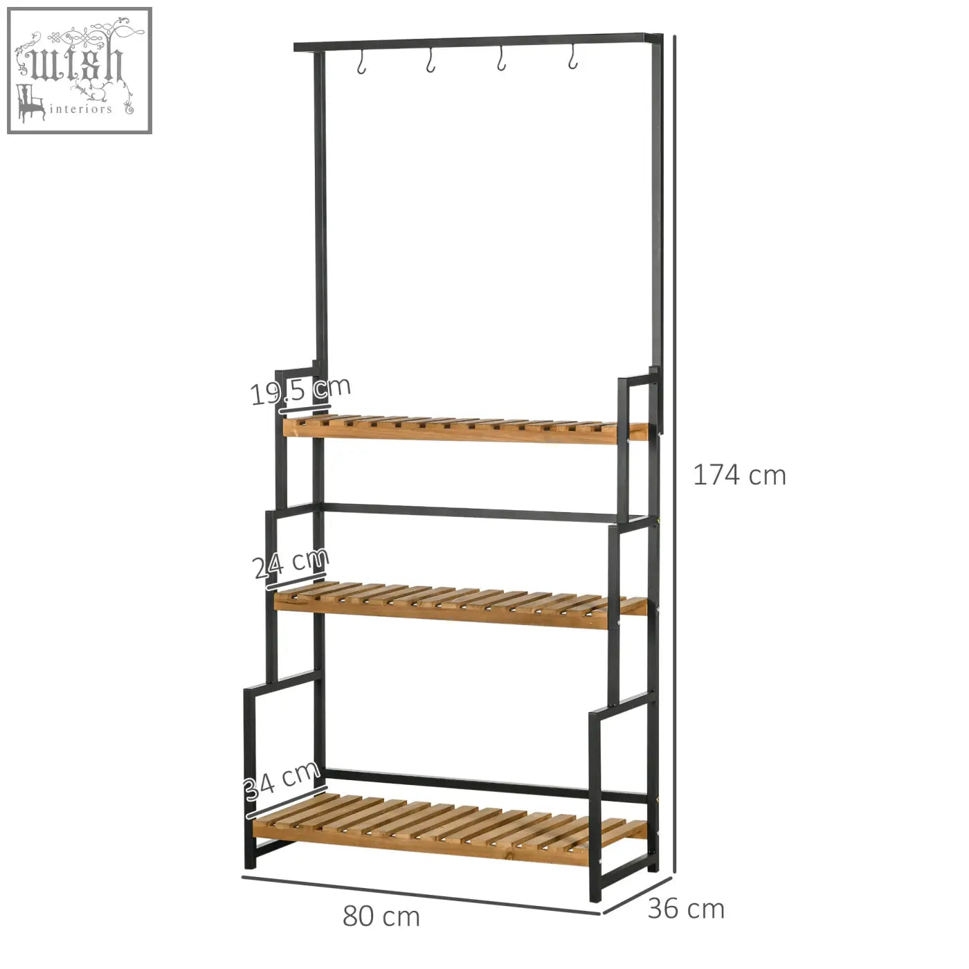 Outsunny black metal frame tiered plant stand with three wooden shelves and hanging hooks for indoor outdoor use with strong core