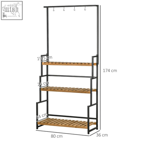 Outsunny black metal frame tiered plant stand with three wooden shelves and hanging hooks for indoor outdoor use with strong core