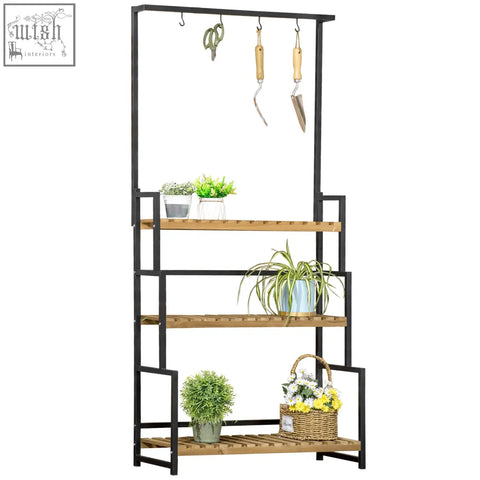 Outsunny 3 tiered plant stand with black metal frame and wood shelves featuring hanging hooks for indoor outdoor use