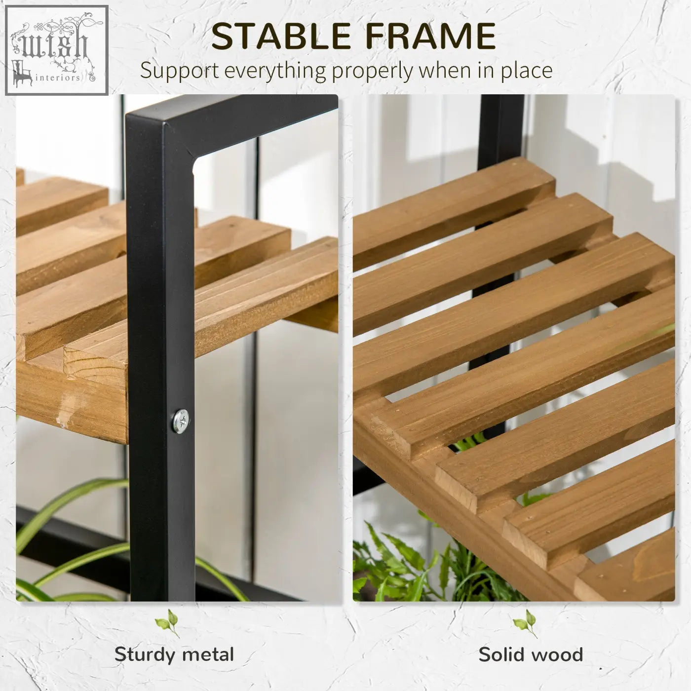 Outsunny tiered plant stand with black metal frame and solid wood slats featuring a strong core for indoor outdoor use