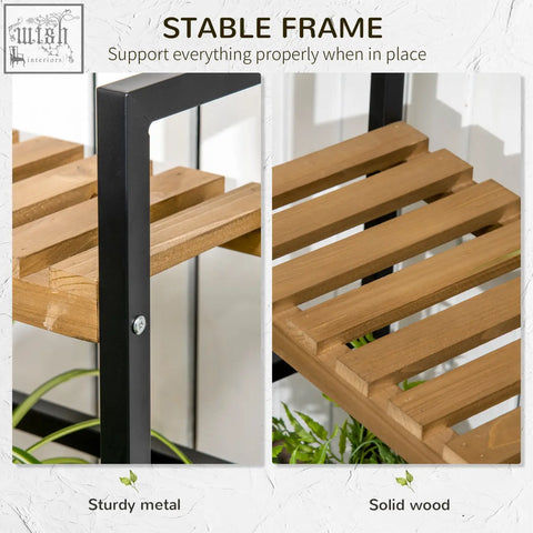 Outsunny tiered plant stand with black metal frame and solid wood slats featuring a strong core for indoor outdoor use