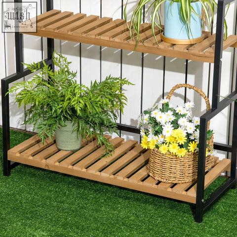 Outsunny two tiered plant stand with wooden slats and black metal frame featuring strong core for indoor outdoor use